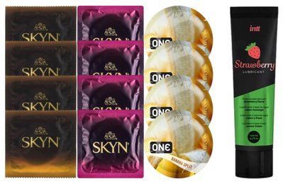 Набір: Смазка Intt Strawberry (100 мл) + 4 шт SKYN Passion дайкири + 4 шт SKYN CHERRY SUNRISE + 4 шт ONE Banana Split SOS10351 фото