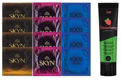 Комплект: Смазка Intt Strawberry (100 мл) + 8 шт SKYN + 4 шт EXS Cooling SOS10401 фото