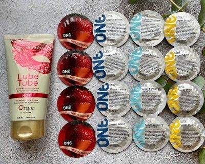 Комплект 16 шт ONE Classic, Super Sensitive, Flavor Waves, Super Studs + лубрикант LUBE TUBE HOT, 150 мл ORGIE SOS2443 фото