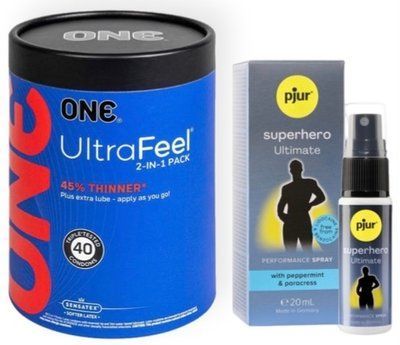 Набор из ONE UltraFeel 2-in-1 Pack 40 шт + Пролонгатор pjur Superhero Ultimate Spray 20 мл SOS9091 фото