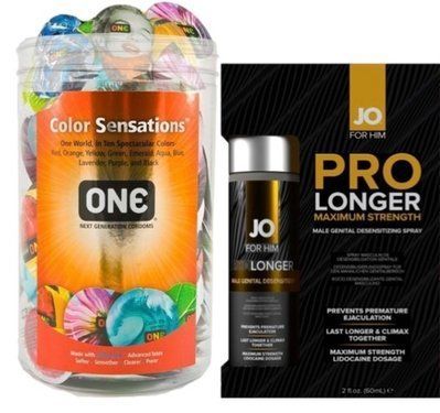 Набор из ONE Color Sensations 100 шт + Пролонгатор JO Prolonger Spray with Lidocaine (60 мл) SOS9191 фото