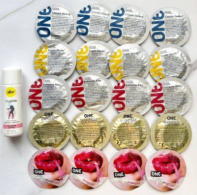 Набор 20 шт - ONE Super Studs, Classic, Vanish, Extreme ribs, Flavor Waves + Лубрикант pjur my glide 30 мл SOS1892 фото