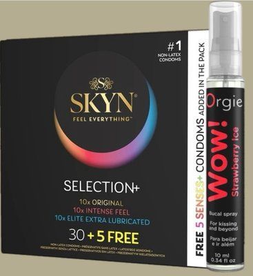 Комплект Skyn ​​Selection 30 шт + 5 of 5 Senses, 35 шт + Спрей WOW! STRAWBERRY ICE, 10 мл ORGIE SOS5510 фото