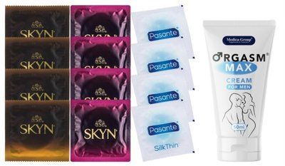Комплект: Пролонгатор Medica-Group Orgasm Max 50 мл + 8 шт SKYN + 4 шт Pasante Silk SOS10955 фото