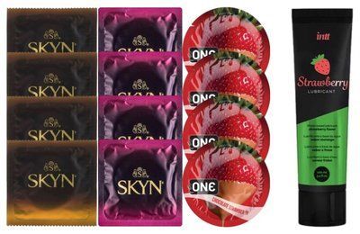 Набір: Смазка Intt Strawberry (100 мл) + 4 шт SKYN Passion дайкири + 4 шт SKYN CHERRY SUNRISE + 4 шт ONE Chocolate Strawberry SOS10352 фото