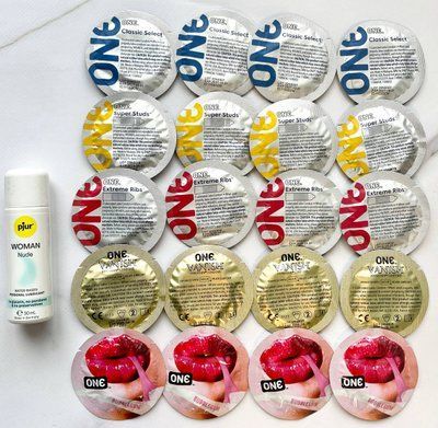 Набор 20 шт - ONE Super Studs, Classic, Vanish, Extreme ribs, Flavor Waves + Лубрикант pjur Woman Nude 30 мл SOS1893 фото