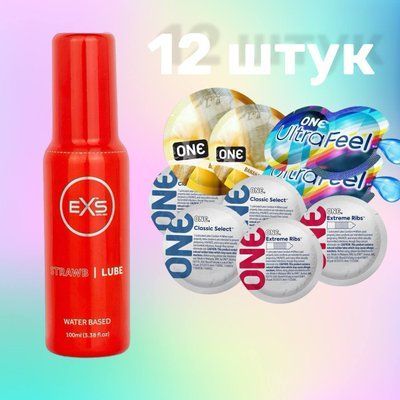 Набір 12 штук ONE Classic, Ribs, Ultra-Feel, Flavor Waves + Лубрикант EXS Strawberry Lube Water Based 100 мл SOS4724 фото