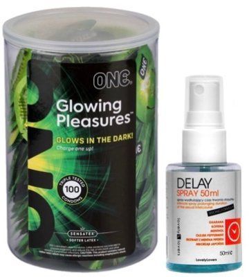 Набор из ONE Glowing Pleasures, 100 шт + Пролонгатор LOVELY LOVERS DELAY SPRAY 50 ML SOS9543 фото