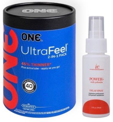 Набор из ONE UltraFeel 2-in-1 Pack 40 шт + Пролонгатор Doc Johnson Power+with Yohimbe Delay Spray For Men (59 мл) SOS9093 фото