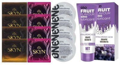 Комплект: Лубрикант OLO со вкусом винограда (120 мл) + 8 шт. SKYN + 4 шт. ONE Extra strong SOS10657 фото