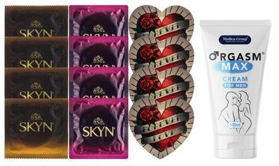 Комплект: Пролонгатор Medica-Group Orgasm Max 50 мл + 8 шт SKYN + 4 шт Pasante Heart SOS10956 фото