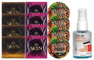 Комплект: Пролонгатор LOVELY LOVERS DELAY SPRAY 50 ML + 8 шт. SKYN + 4 шт. ONE Tattoo Touch SOS10857 фото
