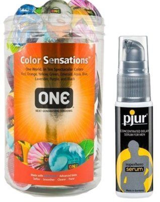 Набор из ONE Color Sensations 100 шт + Пролонгатор pjur Superhero Serum 20 мл SOS9194 фото