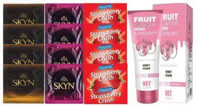 Комплект: Лубрикант OLO со вкусом персика (120 мл) + 8 шт. SKYN + 4 шт. Pasante Strawberry Crush SOS10558 фото