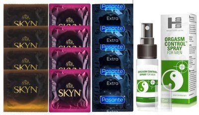 Комплект: Пролонгатор SHS Orgasm Control Spray 15 мл + 8 шт. SKYN + 4 шт. Pasante Extra Safe SOS10908 фото