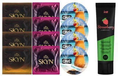 Набір: Смазка Intt Strawberry (100 мл) + 4 шт дайкири SKYN Passion + 4 шт SKYN CHERRY SUNRISE + 4 шт ONE Island Punch SOS10354 фото