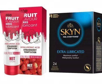 Комплект: Лубрикант 120 мл OLO клубника + SKYN Extra Lube 24 шт SOS11258 фото
