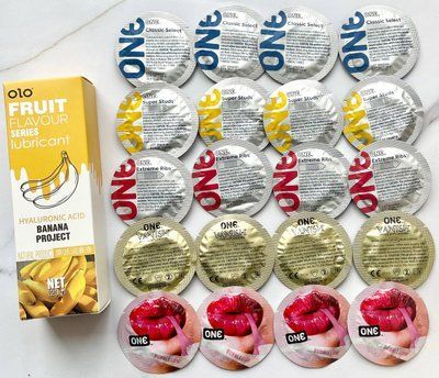 Набор 20 шт - ONE Super Studs, Classic, Vanish, Extreme ribs, Flavor Waves + Лубрикант SWEET SECRET 120ml OLO SOS1895 фото