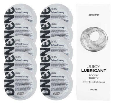 Комплект ONE Extra strong 10 шт. + Лубрикант Satisfyer Juicy Lubricant Boogy Booty (300 мл) SOS12263 фото