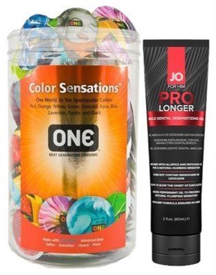 Набор из ONE Color Sensations 100 шт + Пролонгатор System JO Prolonger Gel (60 мл) SOS9195 фото