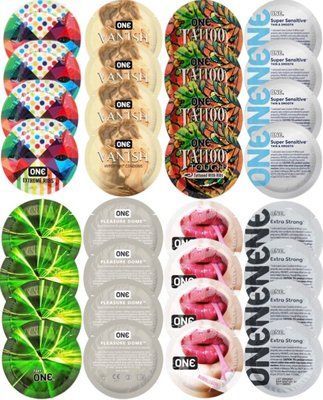 Набор с 32 шт ONE Ribs + ONE Vanish + ONE Tattoo + ONE Sensitive + ONE Glowing + ONE Dome + ONE Bubblegum + ONE Extra Strong SOS8294 фото