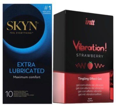 Набор из SKYN Extra Lube (10 шт) + Жидкий вибратор Intt Vibration Strawberry (15 мл) SOS10205 фото
