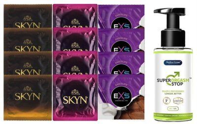 Комплект: Пролонгатор Super Orgasm Stop Гель (150 мл) + 8 шт. SKYN + 4 шт. EXS Chocolate SOS10809 фото