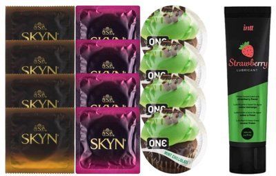 Набір: Смазка Intt Strawberry (100 мл) + 4 шт дайкири SKYN Passion + 4 шт SKYN CHERRY SUNRISE + 4 шт ONE Mint Chocolate SOS10355 фото