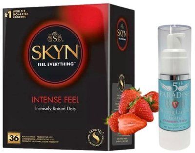 Набор из SKYN Intense Feel (36 шт) + жидкий вибратор 5th Paradise Liquid Vibrator &mdash; Клубника (30 мл) SOS9855 фото