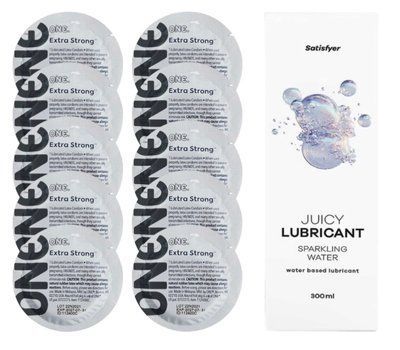 Комплект ONE Extra strong 10 шт. + Лубрикант Satisfyer Juicy Lubricant Sparkling Water (300 мл) SOS12264 фото