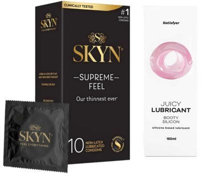 Комплект Лубрикант Satisfyer Juicy Lubricant Booty Silicon 150 мл + Skyn Supreme Feel 10 шт SOS12666 фото