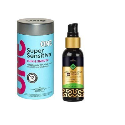 ONE Super Sensitive Pack 12 шт.+ Збуджувальна змазка на гібридній основі Sensuva - Ultra-Stimulating On Insane Caramel Apple (57 мл) SOS6523 фото