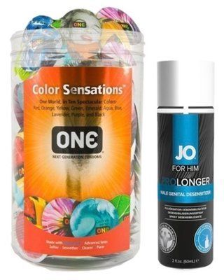Набор из ONE Color Sensations 100 шт + Пролонгатор System JO Prolonger Spray with Benzocaine (60 мл) SOS9196 фото