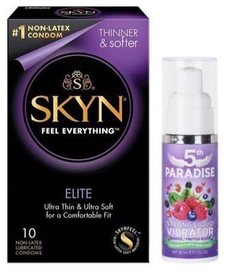 Набор из SKYN Elite (10 шт) + Жидкий вибратор &ndash; мощный вкус: 5th Paradise Liquid Vibrator &mdash; Красные ягоды (30 мл) SOS9756 фото