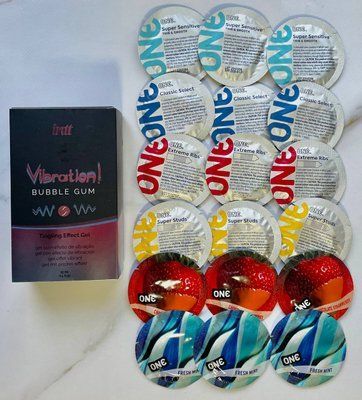 Комплект 18 шт ONE Classic, Super Sensitive, Super Studs, Extreme ribs, Flavor Waves +Intt Vibration Bubble Gum (15 мл) SOS1747 фото