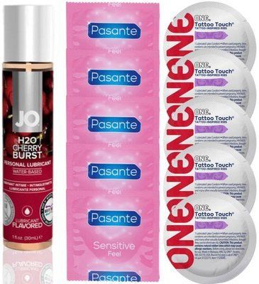 Набор 10 шт Pasante extra sensitive и ONE Tattoo Touch + System JO H2O - Cherry Burst (30 мл) SOS4891 фото