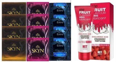 Комплект: Лубрикант OLO со вкусом клубники (120 мл) + 8 шт. SKYN + 4 шт. Pasante Extra Safe SOS10610 фото