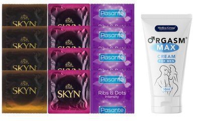 Комплект: Пролонгатор Medica-Group Orgasm Max 50 мл + 8 шт SKYN + 4 шт Pasante Intensity (Ribs & Dots) SOS10959 фото