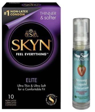 Набор из SKYN Elite (10 шт) + Жидкий вибратор мощный вкус: 5th Paradise Liquid Vibrator &mdash; Клубника (10 мл) SOS9757 фото
