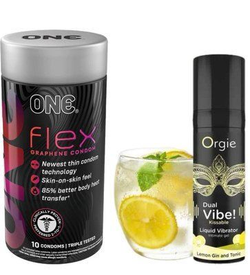 ONE Flex 10 шт + Рідкий вібратор DUAL VIBE коктейль Джин-тонік лимон, 15 мл Orgie SOS6424 фото