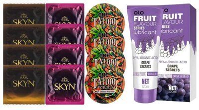 Комплект: Лубрикант OLO со вкусом винограда (120 мл) + 8 шт. SKYN + 4 шт. ONE Tattoo Touch SOS10661 фото