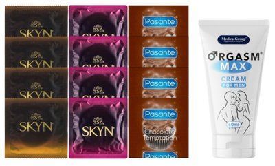 Комплект: Пролонгатор Medica-Group Orgasm Max 50 мл + 8 шт SKYN + 4 шт Pasante Chocolate SOS10960 фото