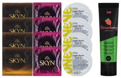 Набір: Смазка Intt Strawberry (100 мл) + 4 шт SKYN Passion дайкири + 4 шт SKYN CHERRY SUNRISE + 4 шт 𝐎𝐍𝐄 𝐒𝐮𝐩𝐞𝐫 𝐒𝐭𝐮𝐝𝐬 SOS10357 фото