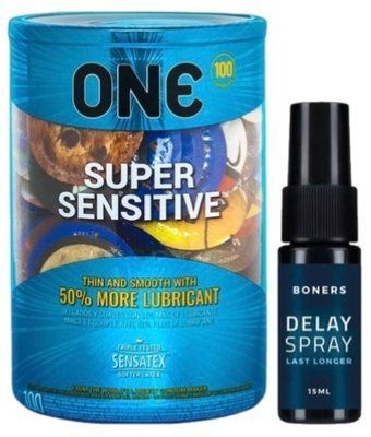 Набор из ONE Super Sensitive 100 шт + Пролонгатор Boners Delay Spray 15 мл SOS9498 фото