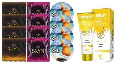 Комплект: Лубрикант OLO Banana (120 мл) + 8 шт. SKYN + 4 шт. ONE Island Punch SOS10511 фото