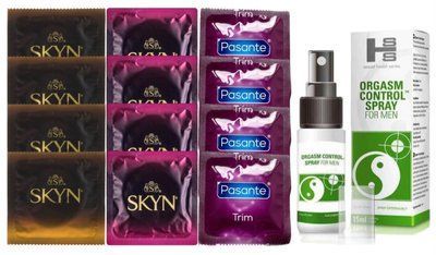 Комплект: Пролонгатор SHS Orgasm Control Spray 15 мл + 8 шт SKYN + 4 шт Pasante TRIM SOS10912 фото
