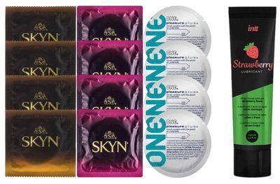Набір: Смазка Intt Strawberry (100 мл) + 4 шт SKYN Passion Daiquiri + 4 шт SKYN CHERRY SUNRISE + 4 шт 𝐎𝐍𝐄 𝐏𝐥𝐞𝐚𝐬𝐮𝐫𝐞 𝐏𝐥𝐮𝐬 SOS10358 фото