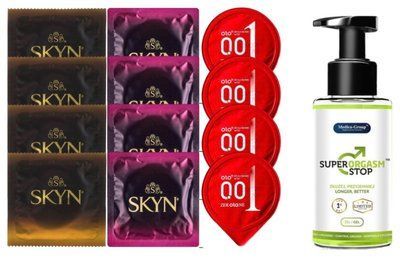 Комплект: Пролонгатор Super Orgasm Stop Гель (150 мл) + 8 шт. SKYN + 4 шт. OLO возбуждающий 001 SOS10762 фото