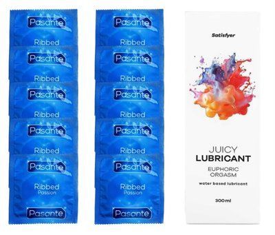 Комплект Pasante Ribbed 10 шт. + Лубрикант Satisfyer Juicy Lubricant Euphoric Orgasm (300 мл) SOS12117 фото
