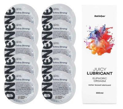 Комплект ONE Extra strong 10 шт. + Лубрикант Satisfyer Juicy Lubricant Euphoric Orgasm (300 мл) SOS12267 фото